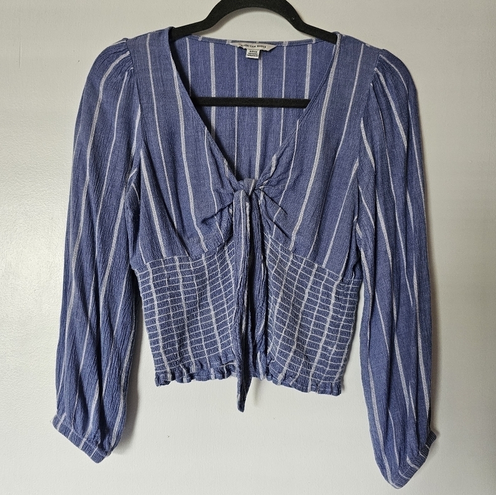 American Eagle blue smocked striped v-neck front tie blouse Size S